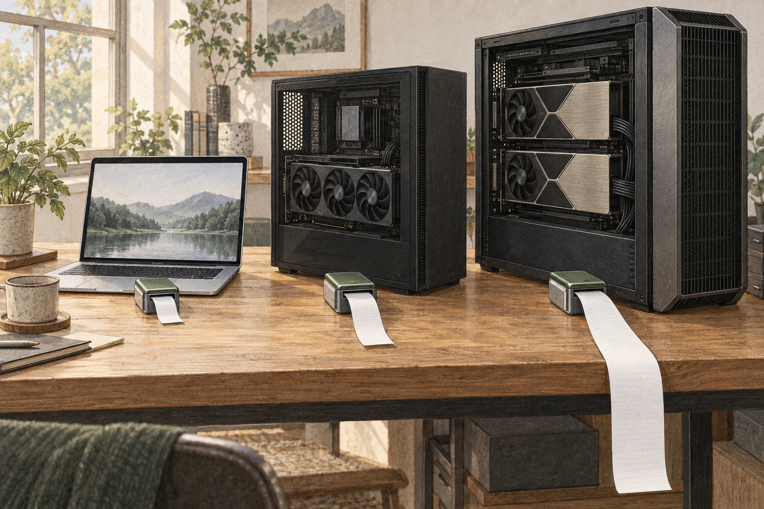 노트북과 두 종류의 GPU 데스크톱에서 같은 작은 모델을 실행해 응답 길이를 비교하는 작업대