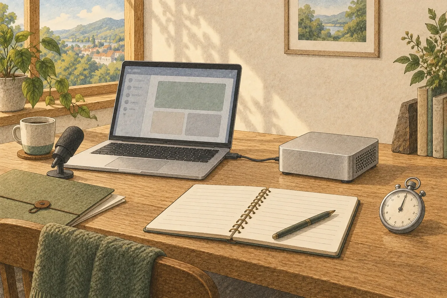 ケーブルでつながれたノートPCとコンピューター、その横に記録ノートとストップウォッチがある机