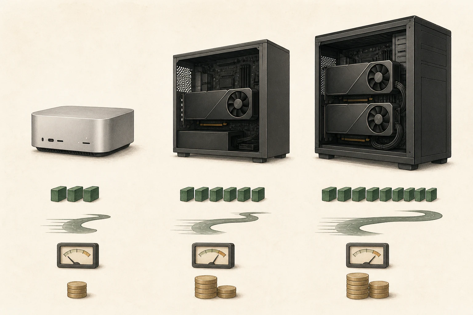 Illustration comparing integrated memory computers and single/dual GPU equipment in terms of memory, speed, power, and cost.