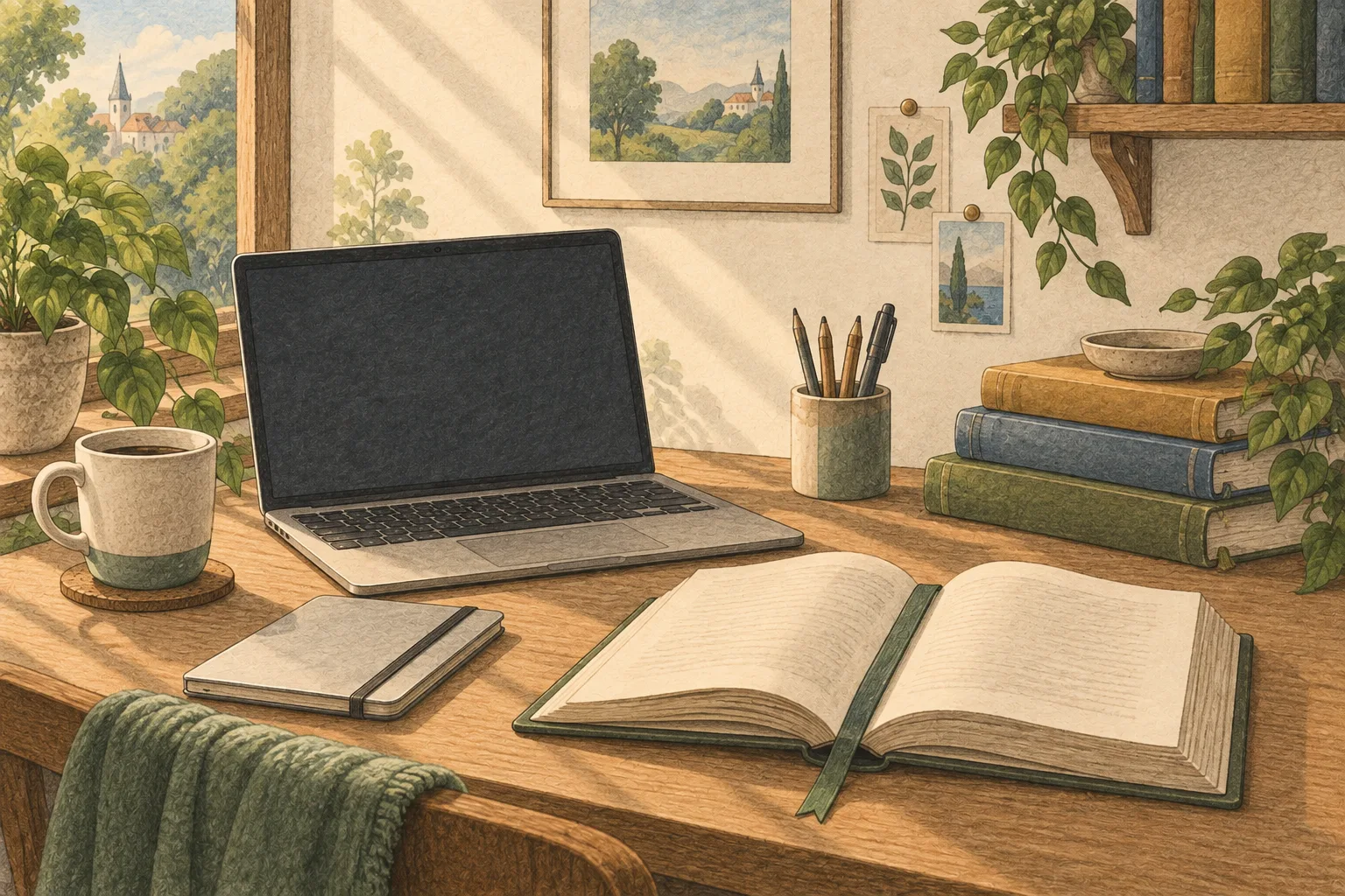 A bookmarked book beside a laptop