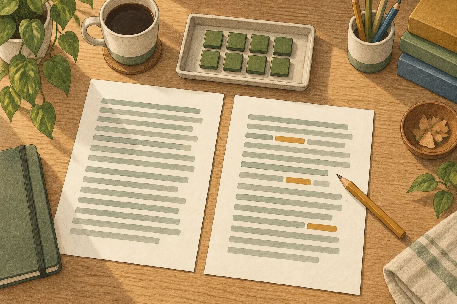 An original and lightly edited document beside grouped wooden tokens