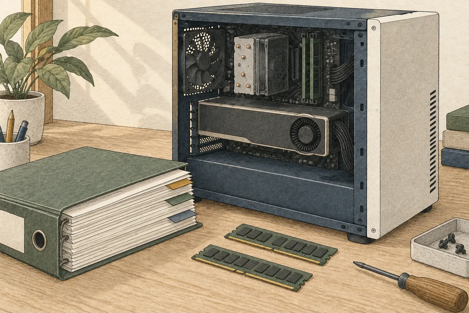 그래픽카드가 들어 있는 워크스테이션과 메모리 모듈을 놓은 작업대