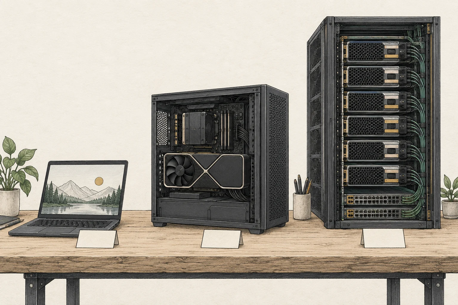 작은 노트북, 단일 GPU 데스크톱과 서�버 가속기를 크기별로 놓은 로컬 구현 비교