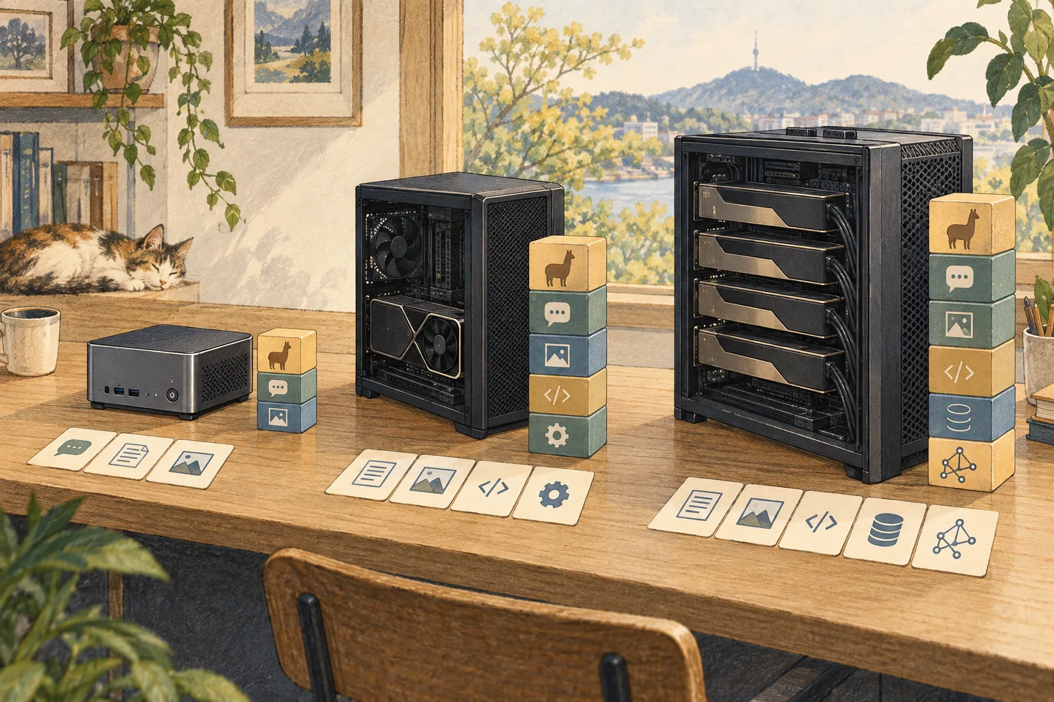 소형 컴퓨터·단일 GPU 데스크톱·다중 가속기 워크스테이션과 서로 다른 작업 카드