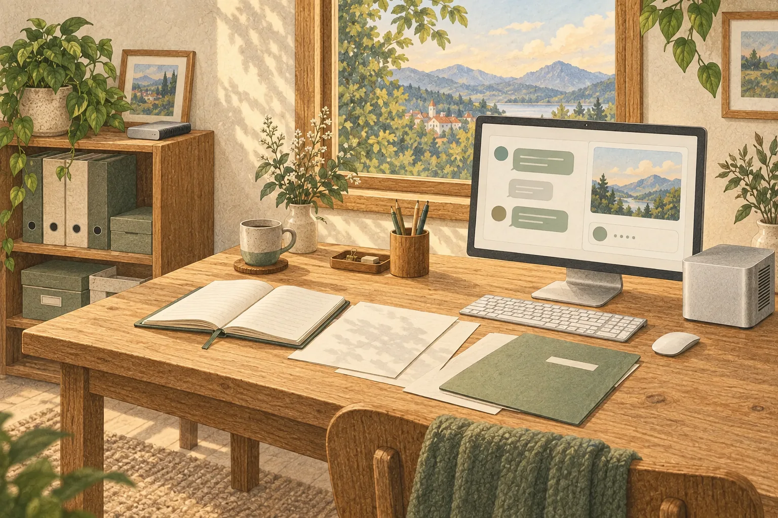 컴퓨터와 작업 자료를 펼칠 여유가 있는 책상, 별도 선반에 보관한 자료와 외장 저장 장치
