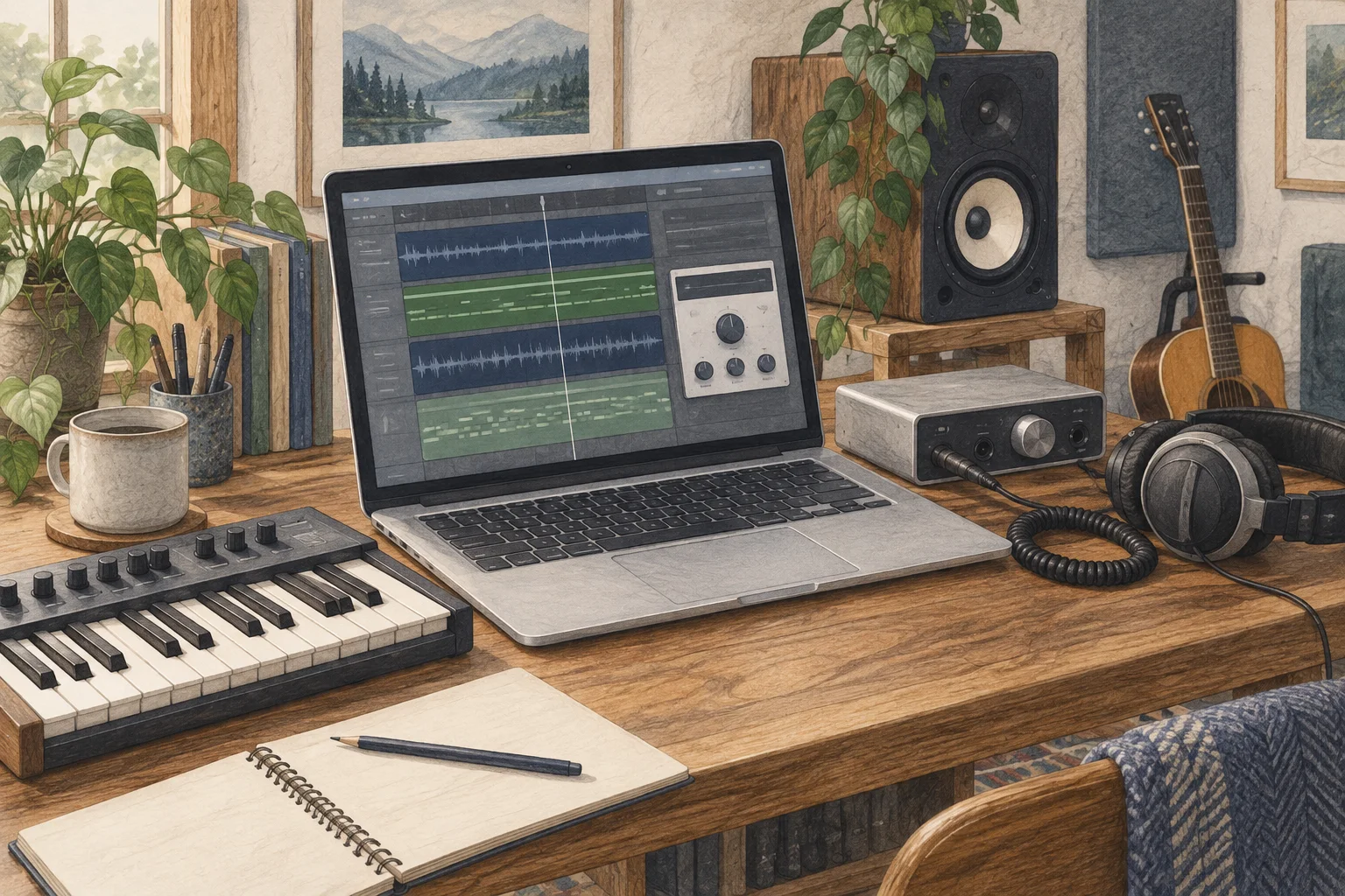 DAWのタイムラインとプラグインパネル、MIDIキーボード、オーディオインターフェースがあるMac作業環境