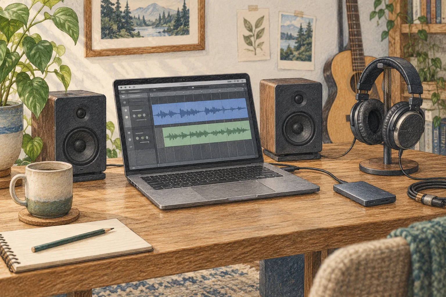 ヘッドホン、スピーカー、SSDのそばにあるMacで複数の生成テイクを比べる作業室