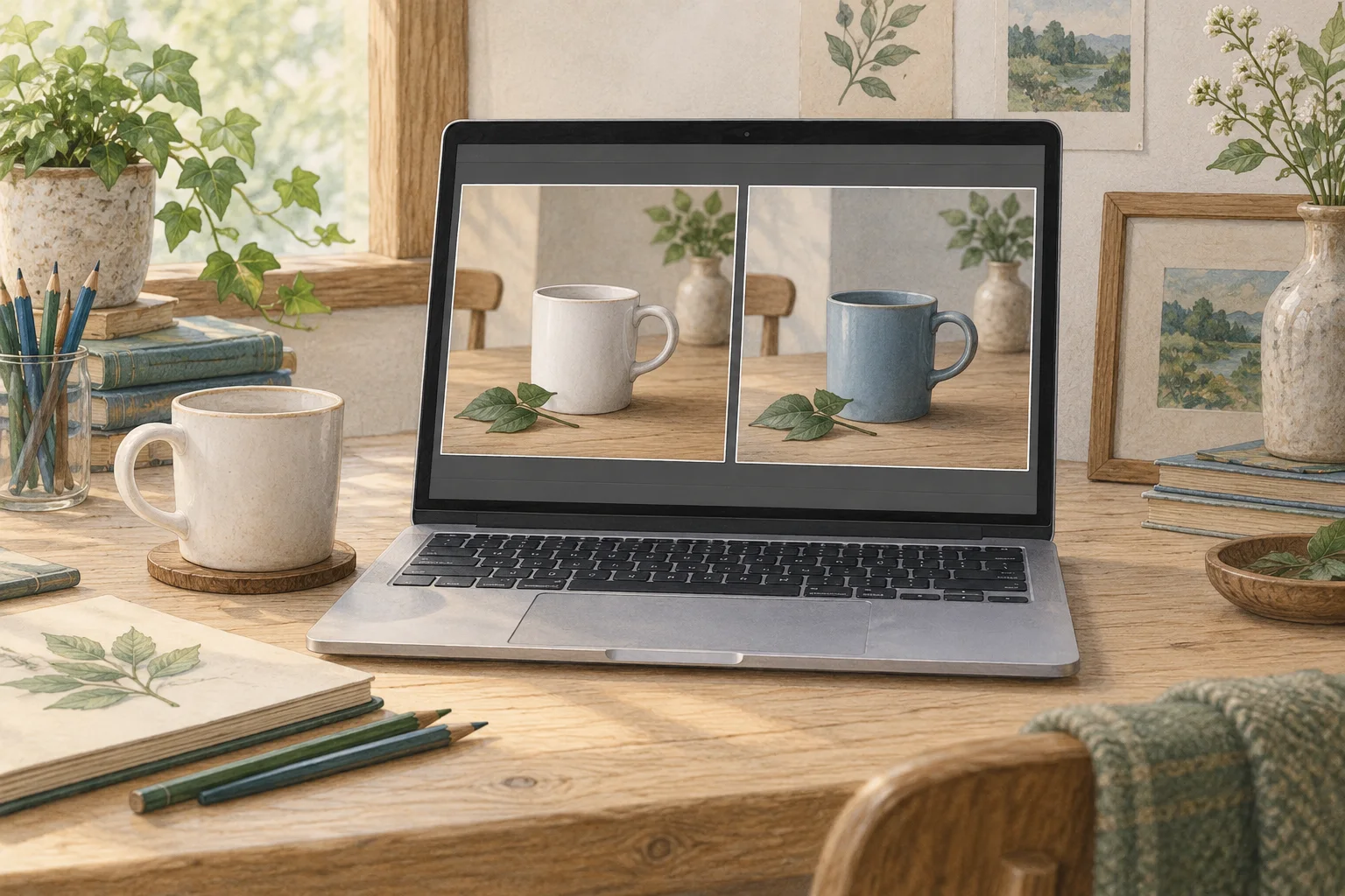 Mac 화면에 원래의 흰 컵과 같은 모양의 파란 컵 이미지가 나란히 표시된 책상