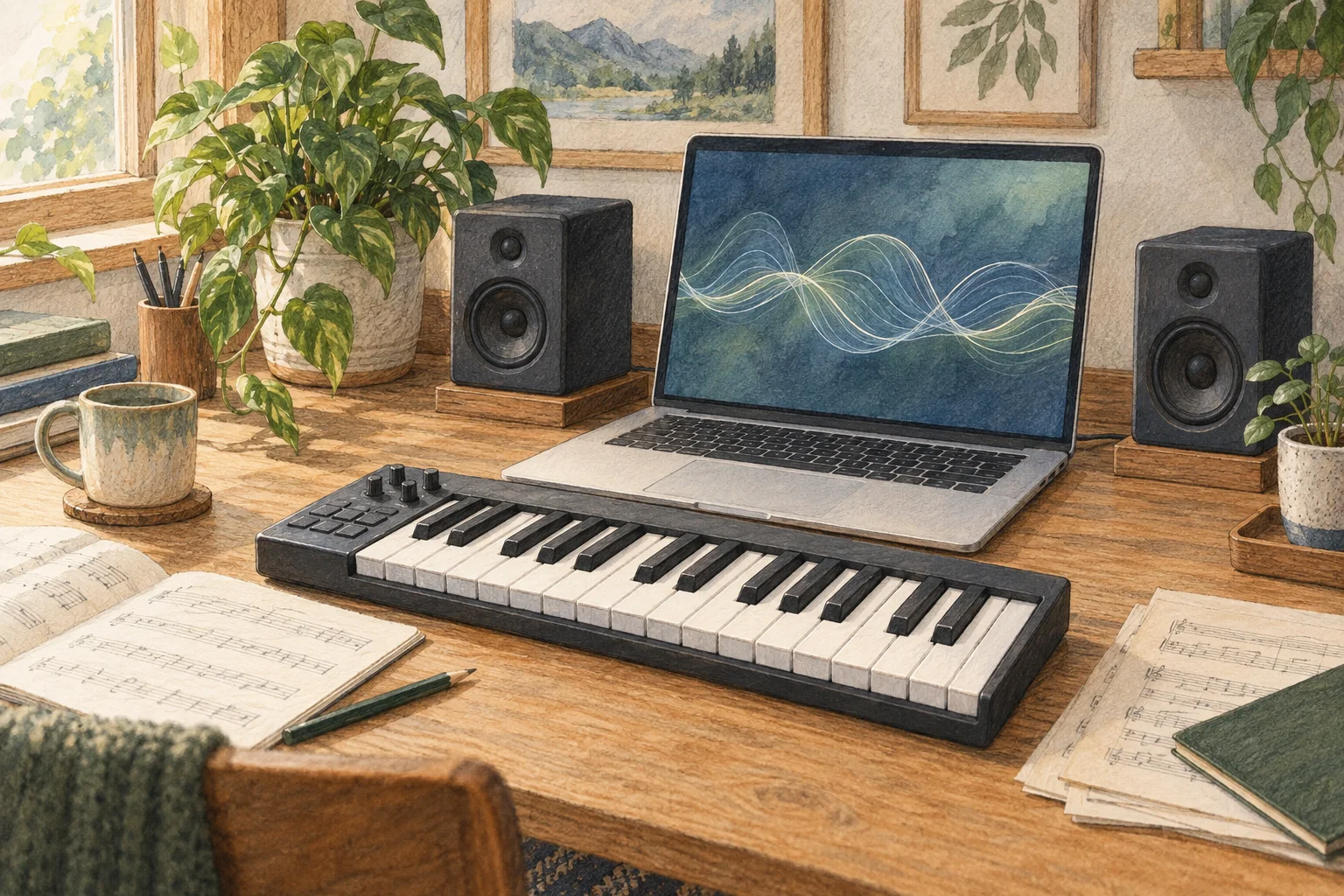 鍵盤と音楽機材を置いた制作デスク