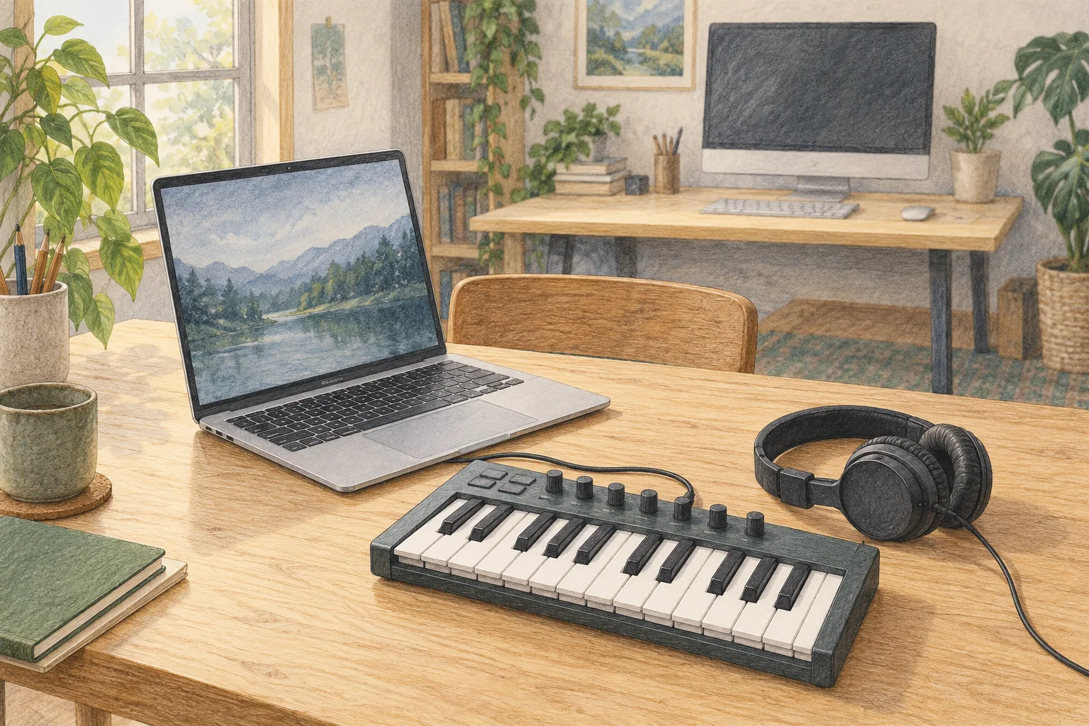 軽量ノートPCで音楽を作業するデスク