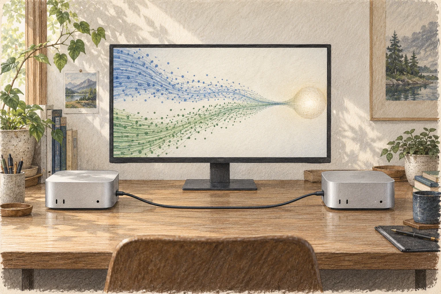 두 Mac 데스크톱을 짧은 직접 연결 케이블로 이어 놓은 모습