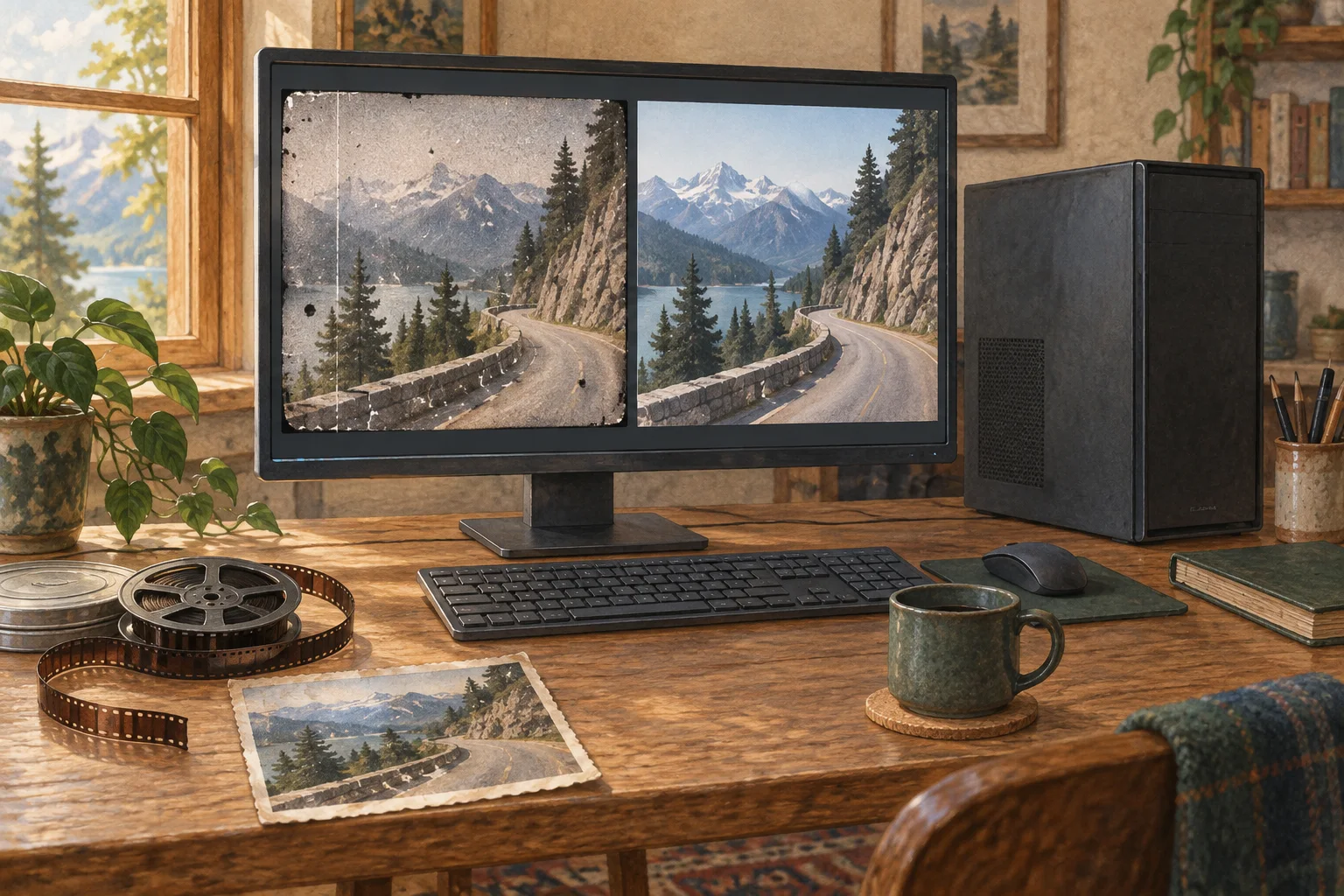 도로 장면이 보이는 모니터와 옆에 놓인 데스크톱 PC