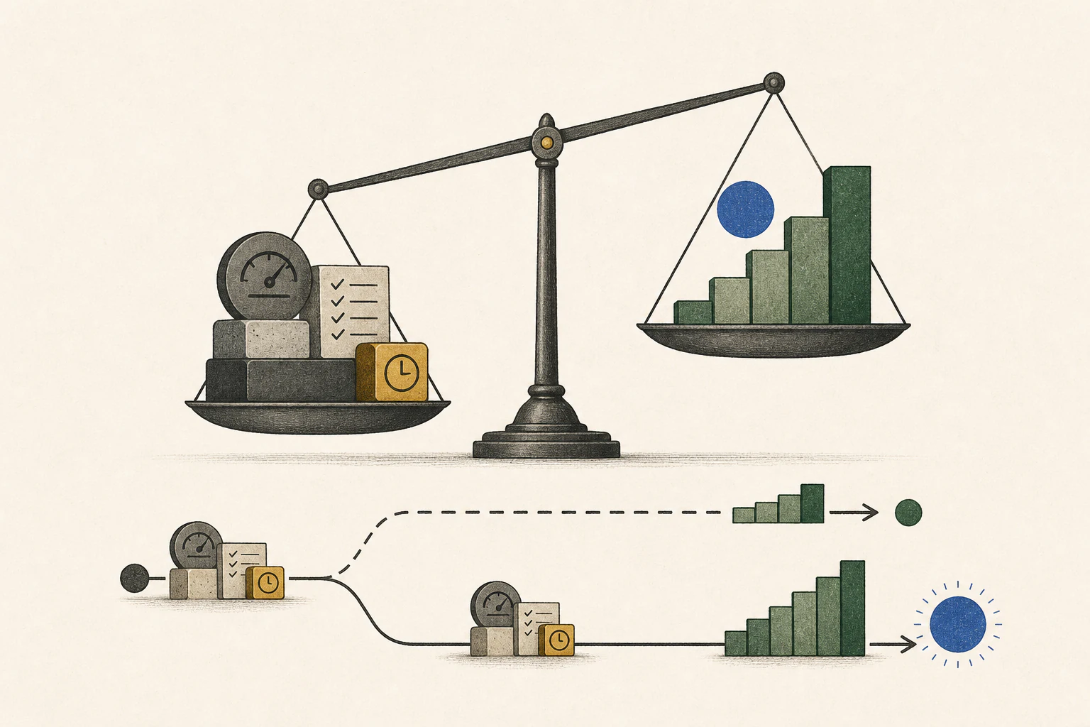 A scale comparing the additional costs of creating and verifying drafts and the benefits gained from approval tokens.