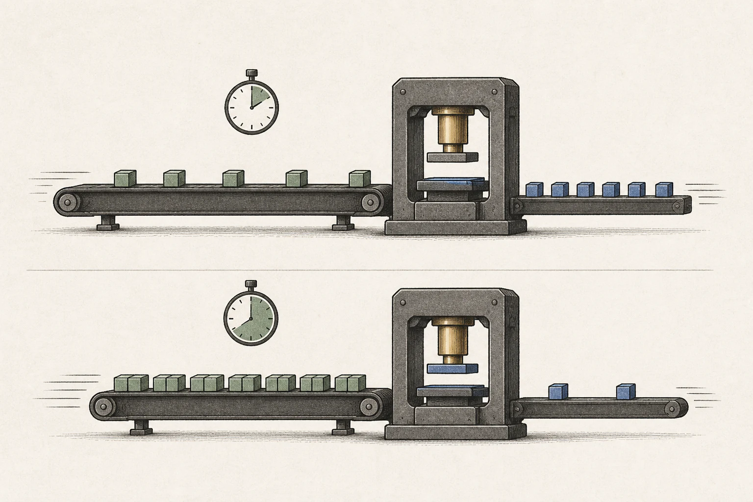 Illustration of a bottleneck in which the slower of the memory carrier and compute unit limits overall speed.