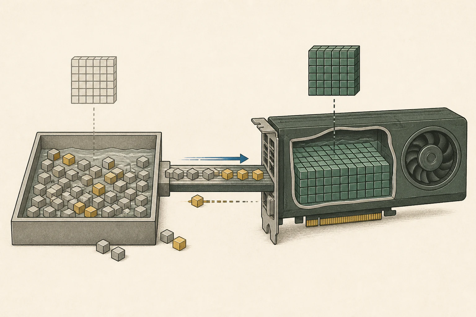 An illustration showing the graphics card VRAM and system RAM separated and a transmission path between the two storage spaces.