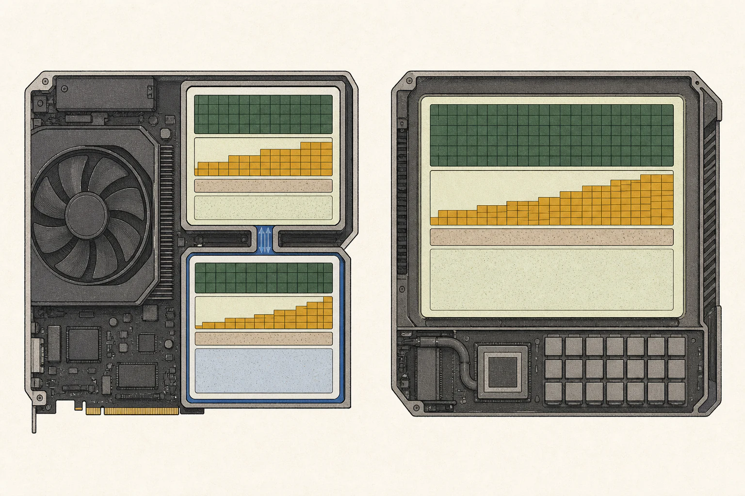 A side-by-side comparison of the dedicated VRAM structure and the integrated memory structure used by CPU and GPU.