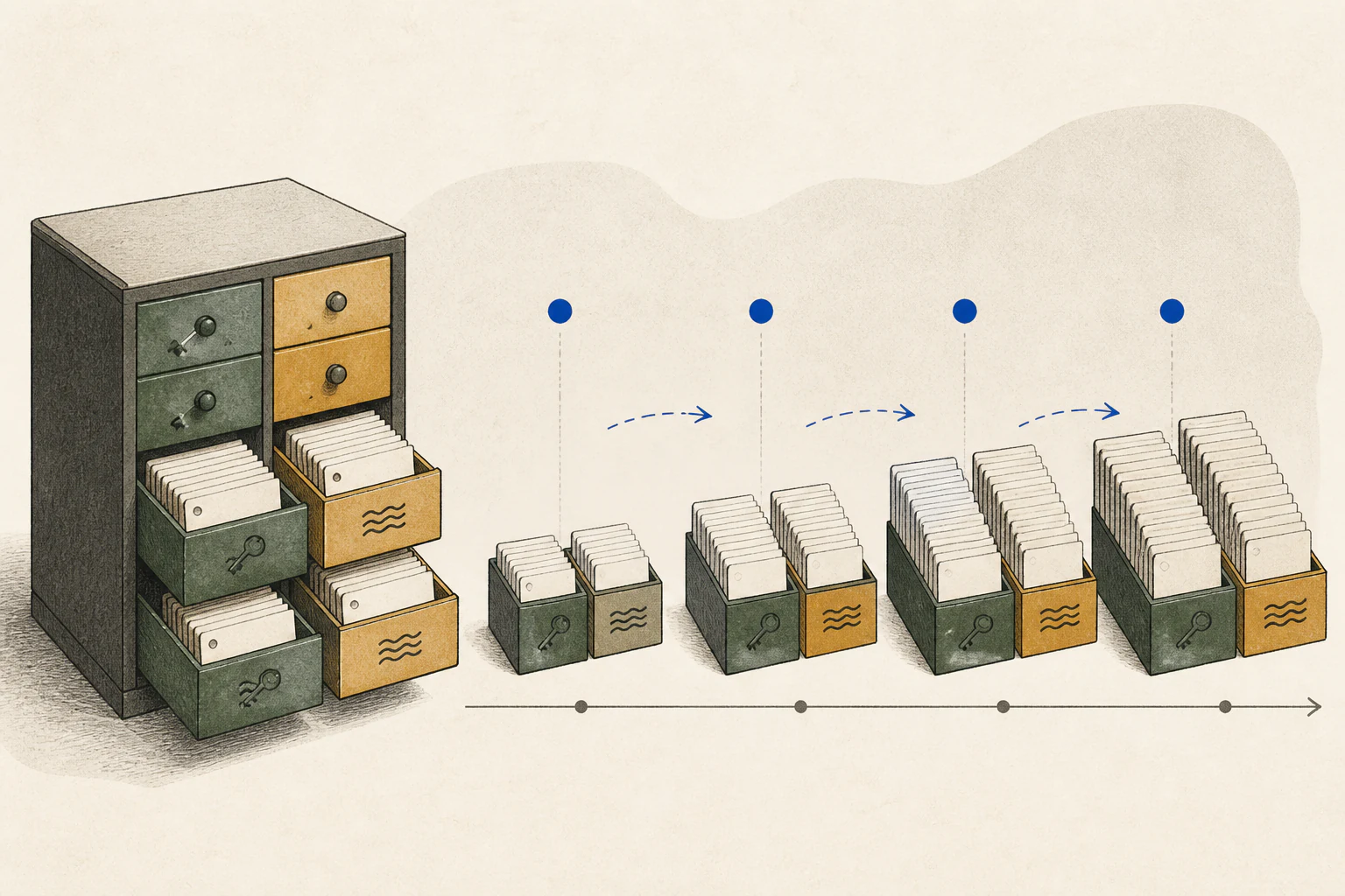 An illustration of key and value cards being paired and stacked in the cache drawer as the number of answer tokens increases.