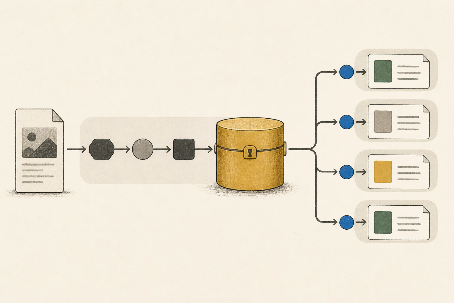 Illustration of multiple question branches branching off from one long common prefix, leading to each answer
