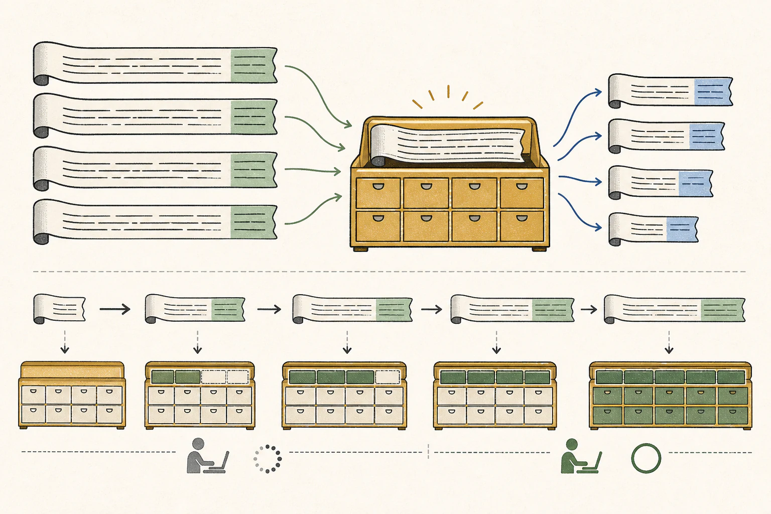 Illustration of a cache that stores common system prompts and document calculation results to be reused across multiple questions.