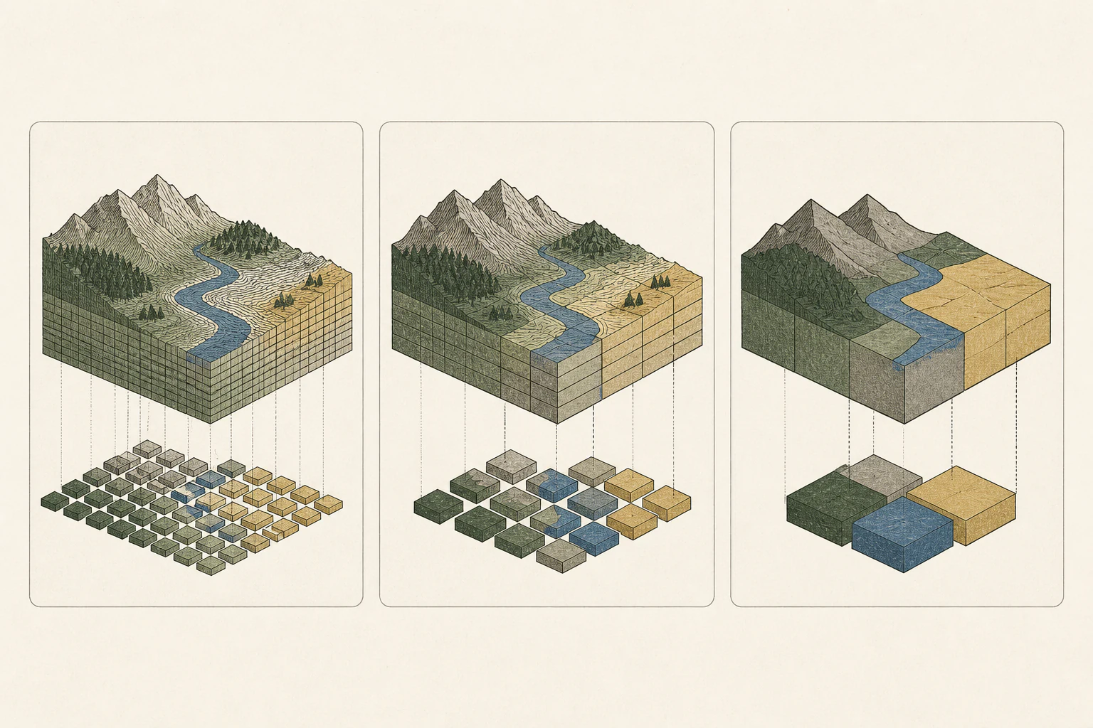 An illustration in which the weight expression level is reduced from the fine original to the medium and coarse levels.