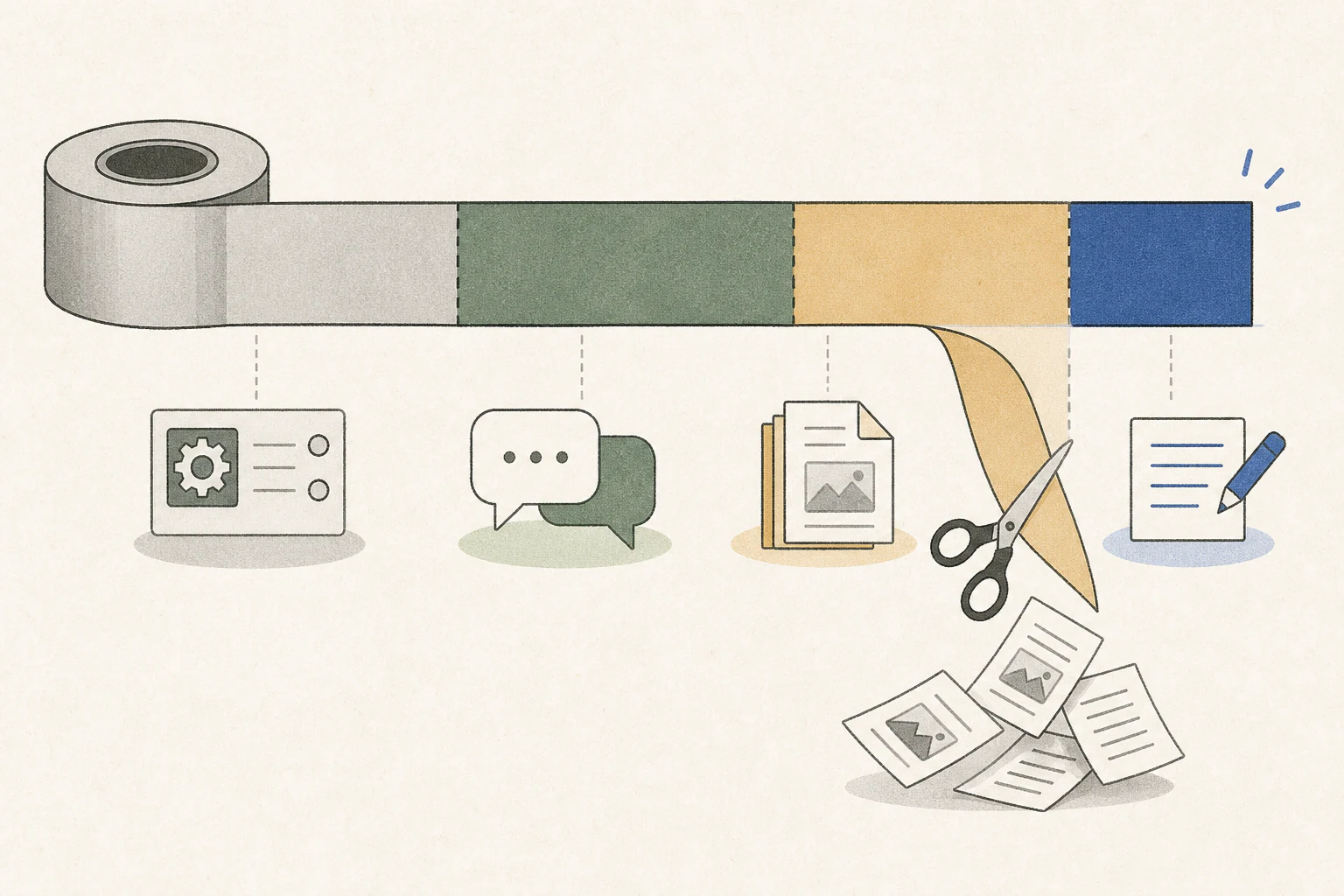 Illustration of system instructions, dialogue, attached documents and output space sharing a single, limited context strip.