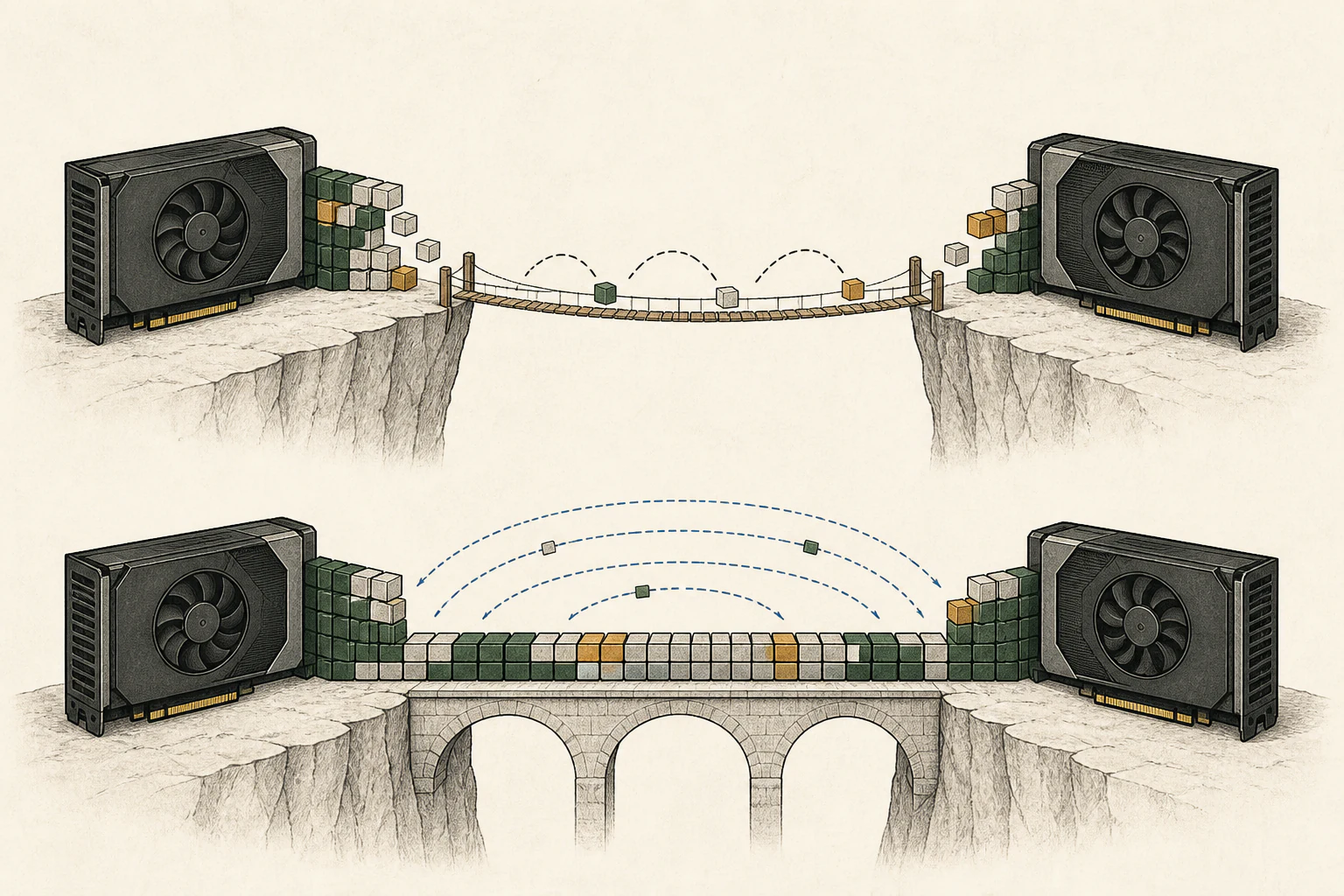 Illustration of the speed difference between two GPUs exchanging intermediate calculation results with narrow legs and wide legs