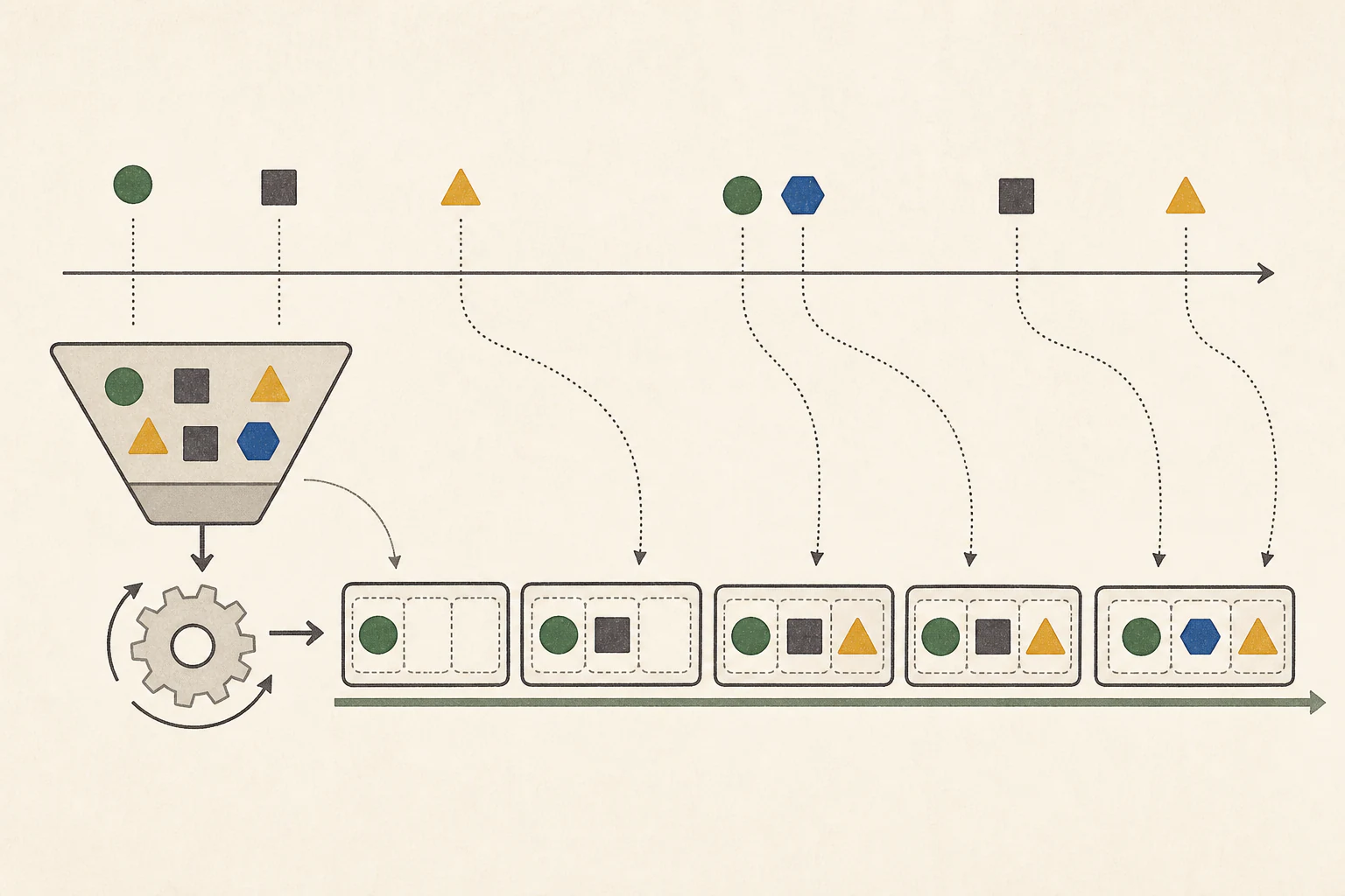 An illustration of the scheduler continuously inserting requests that arrive at different times into empty slots in the running batch.