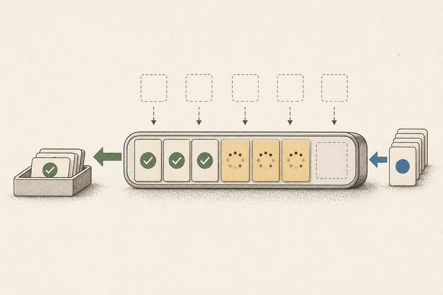 Illustration of a completed sequence being pulled out of an execution slot and a new pending request immediately taking its place.
