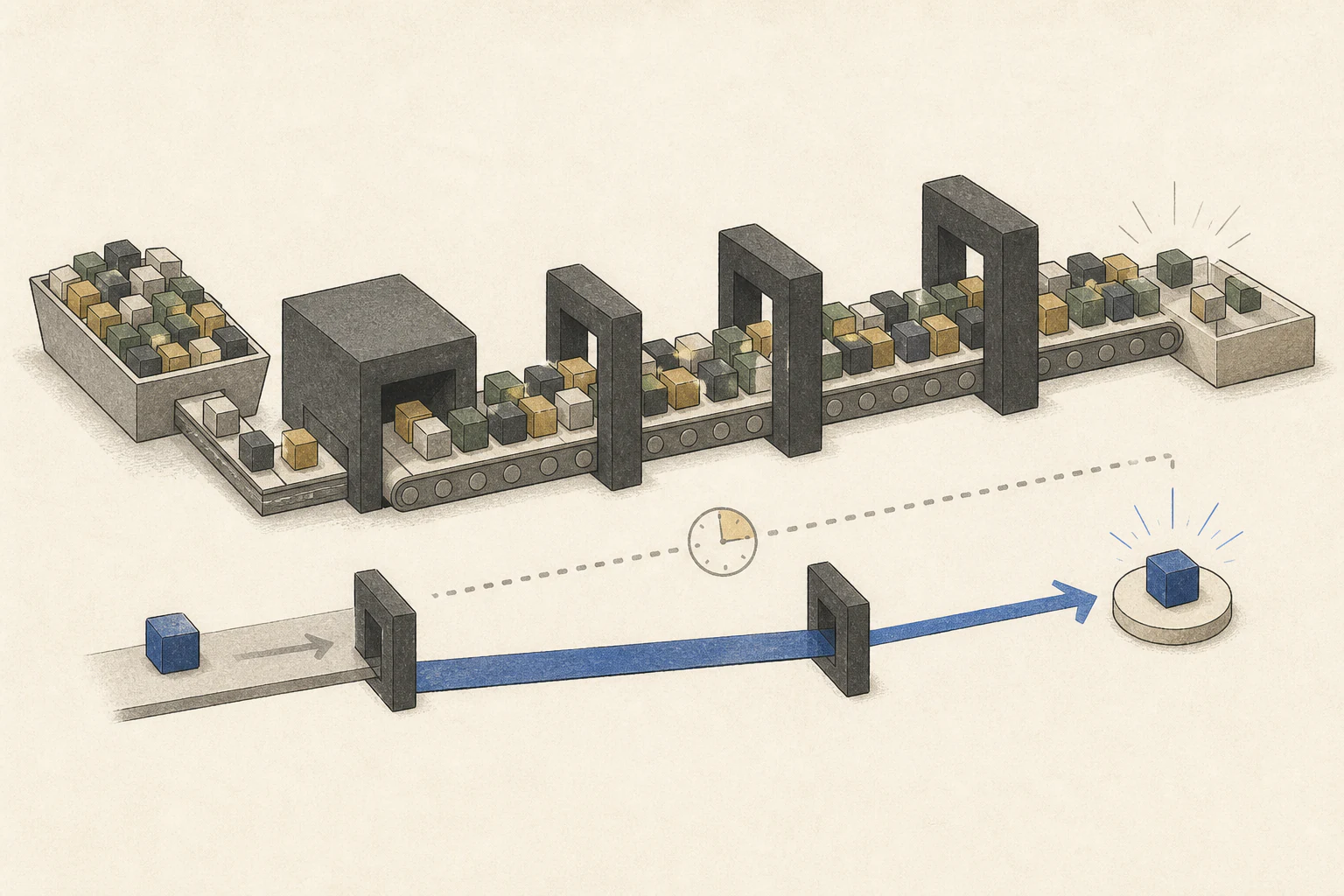 Illustration of a congested throughput path that efficiently handles many requests versus a delay-first path that takes one request directly.