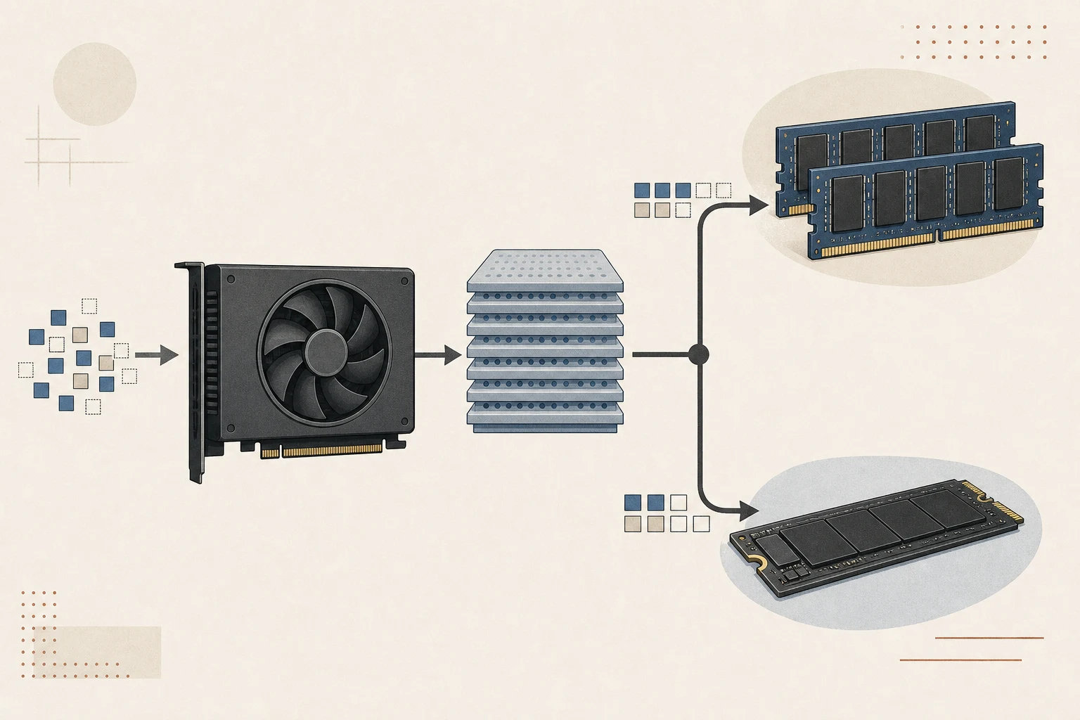 GPU VRAM의 코어 LM, 시스템 RAM의 PLE 임베딩 테이블, 고속 NVMe SSD mmap 스트리밍 계층별 메모리 적재 구조 다이어그램