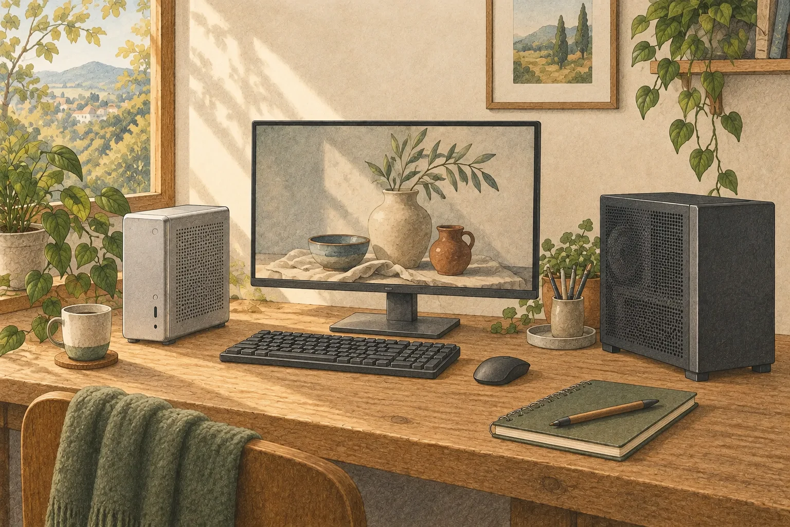 銀色の小型PCと暗色のGPU PCを置いた机