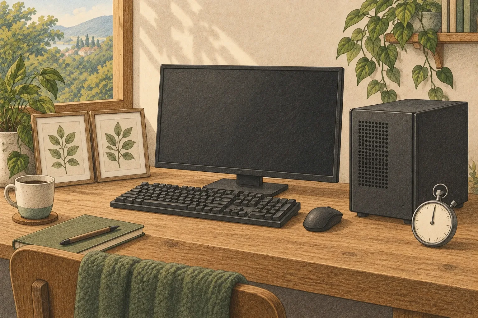 PCとストップウォッチ、同じプリントを置いた机