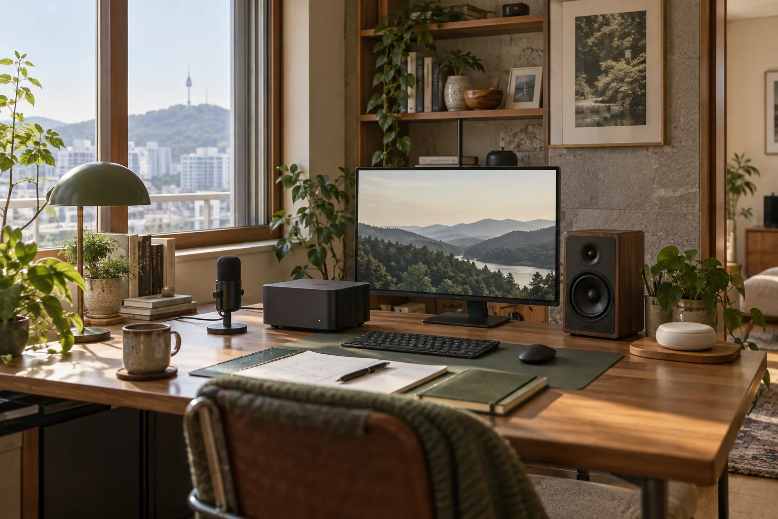 A physical study with a microphone, local AI computer, and speakers