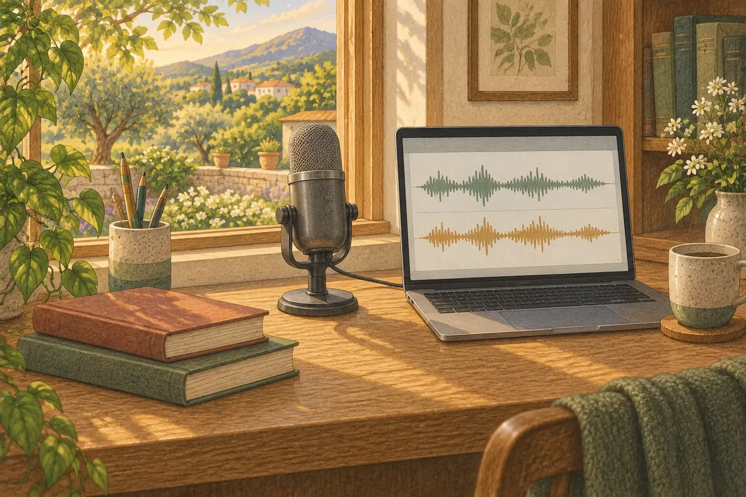 A laptop showing two audio waveforms beside a microphone and books