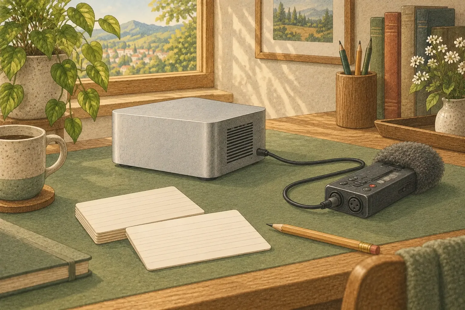A recorder connected to a mini computer beside note cards