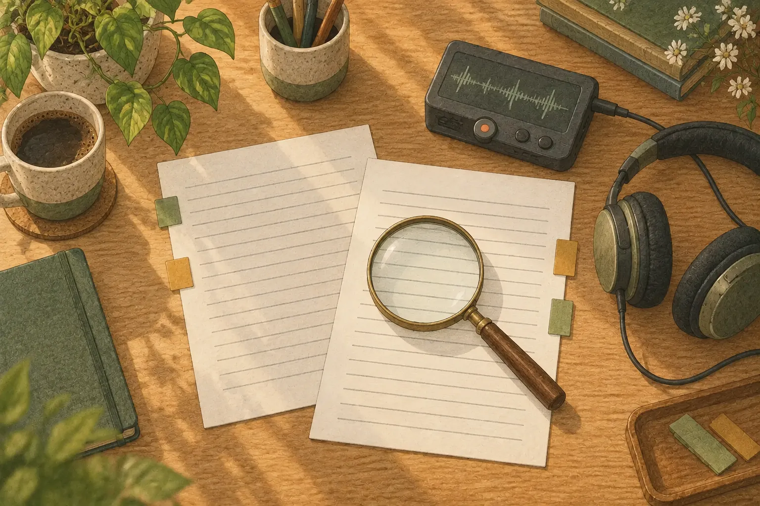 A magnifying glass over transcript pages beside a recorder and headphones