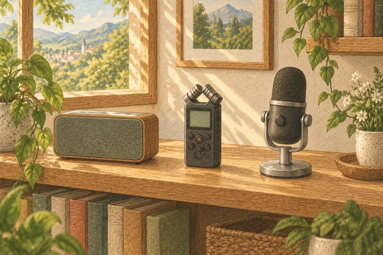 나무 선반에 나란히 놓인 스피커와 녹음기, 마이크