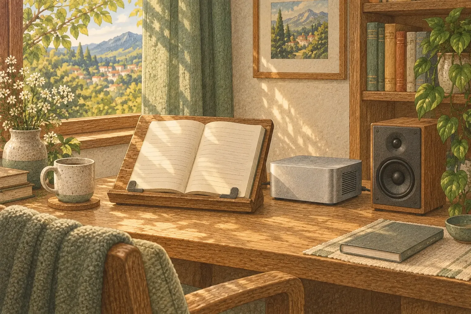 An open book on a stand beside a mini computer and speaker