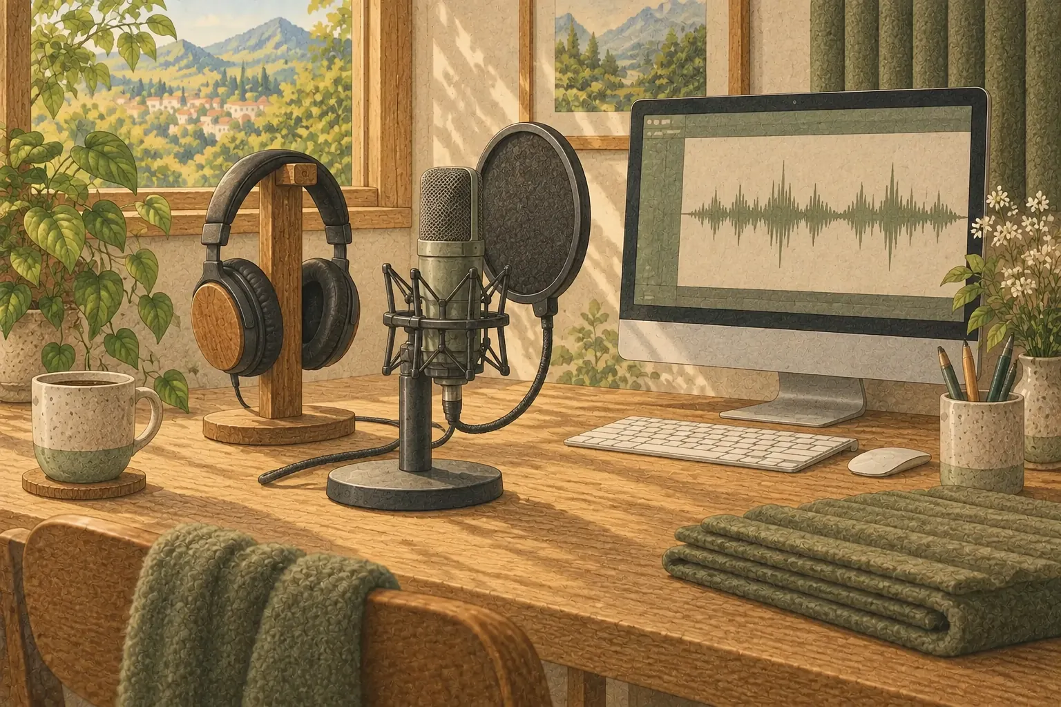 A recording desk with a microphone, pop filter, headphones and waveform screen