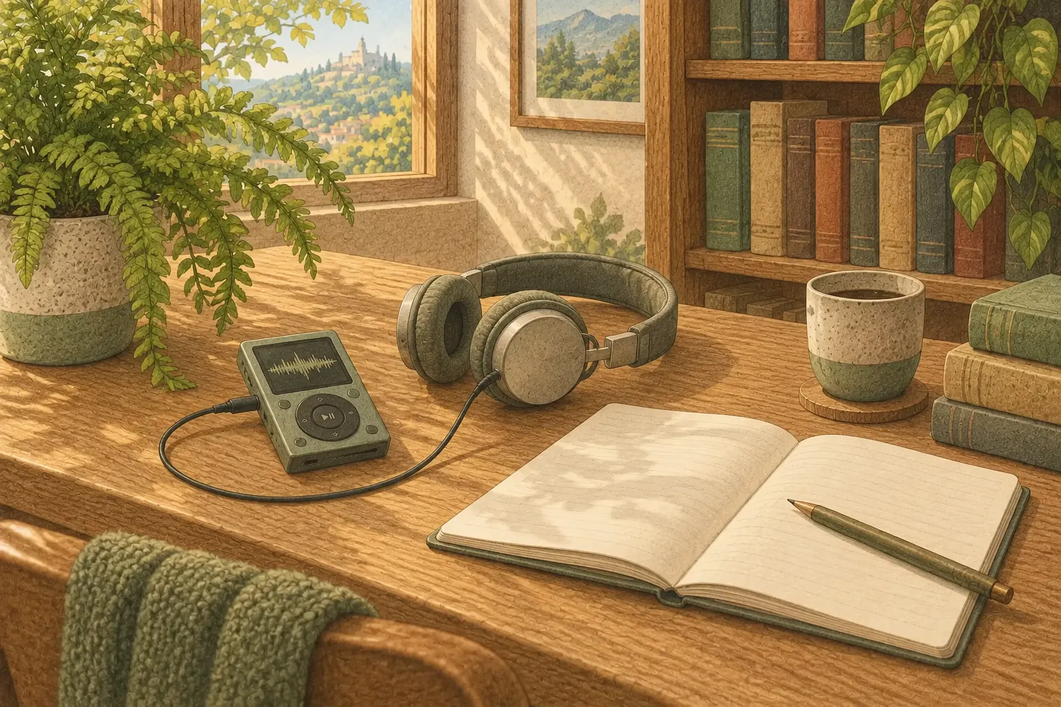 A portable audio player displaying a waveform beside headphones