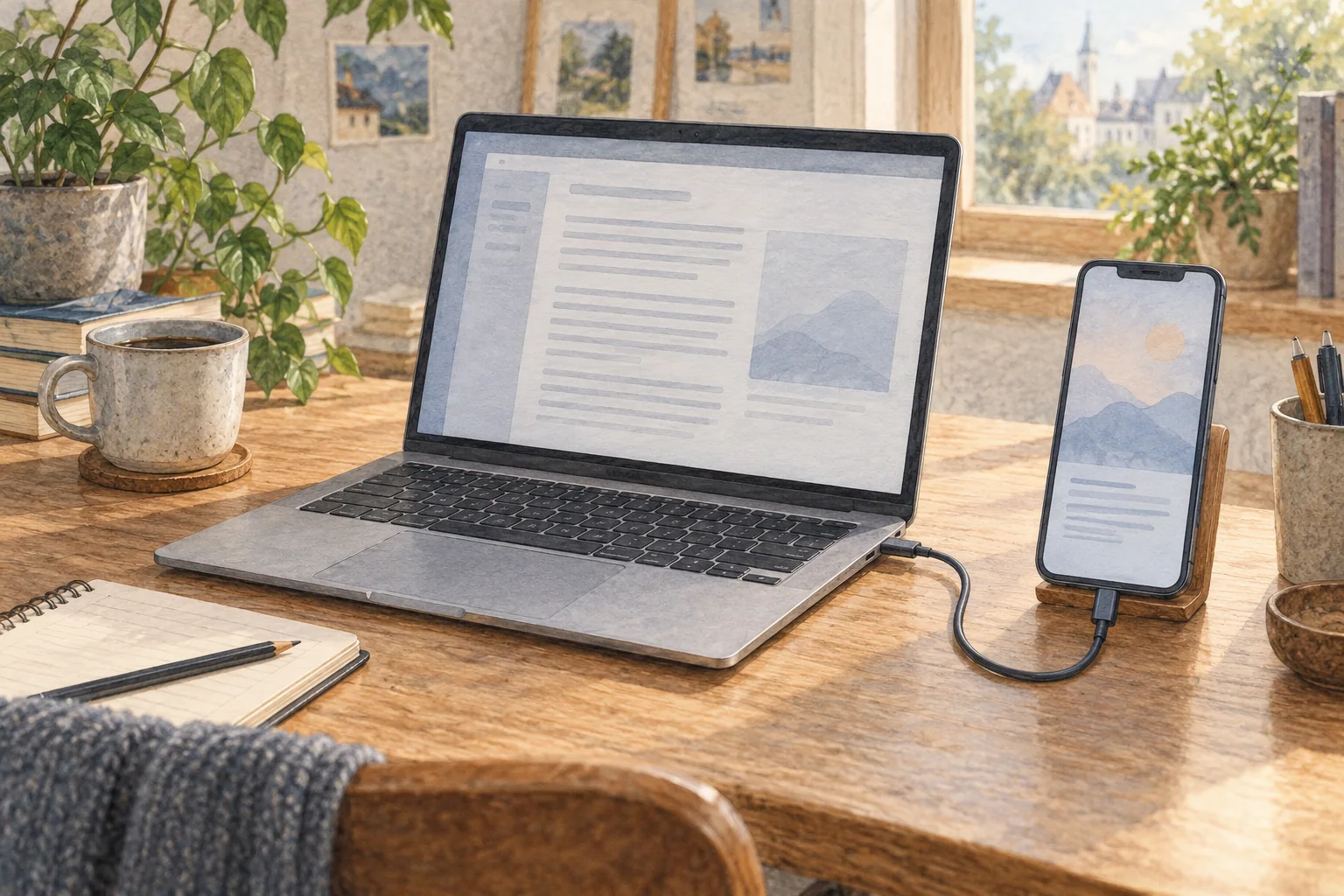나무 책상 위에서 USB-C 케이블로 연결된 은색 노트북과 거치대의 스마트폰