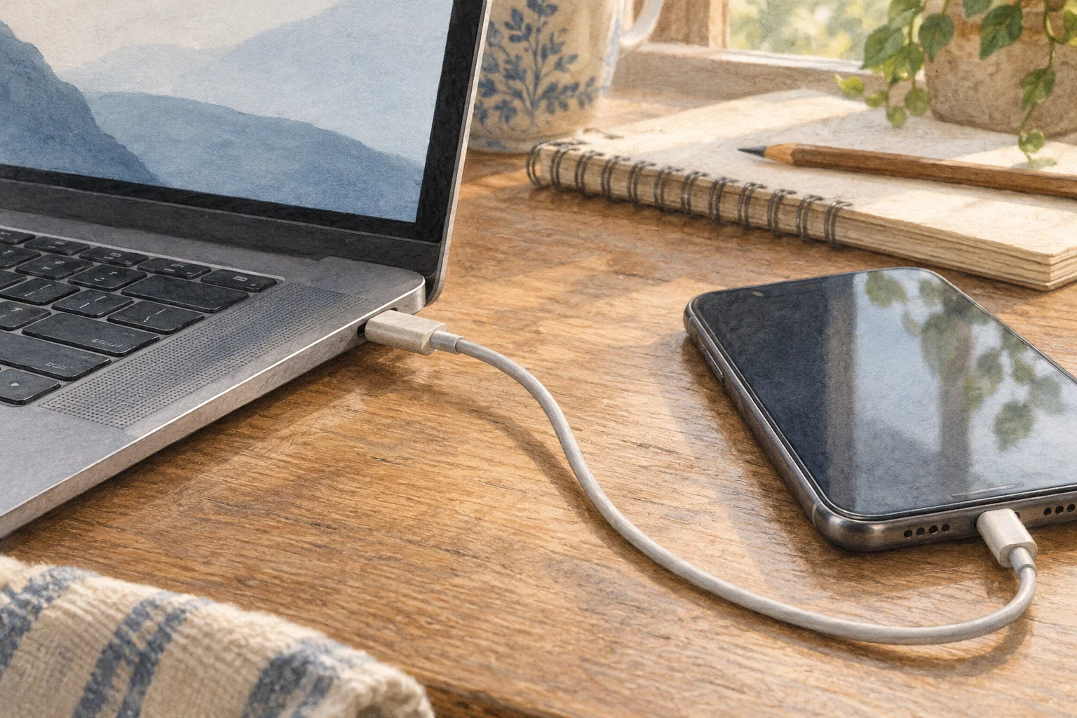 Mac과 iPhone의 USB-C 단자에 데이터 케이블이 연결된 가까운 장면