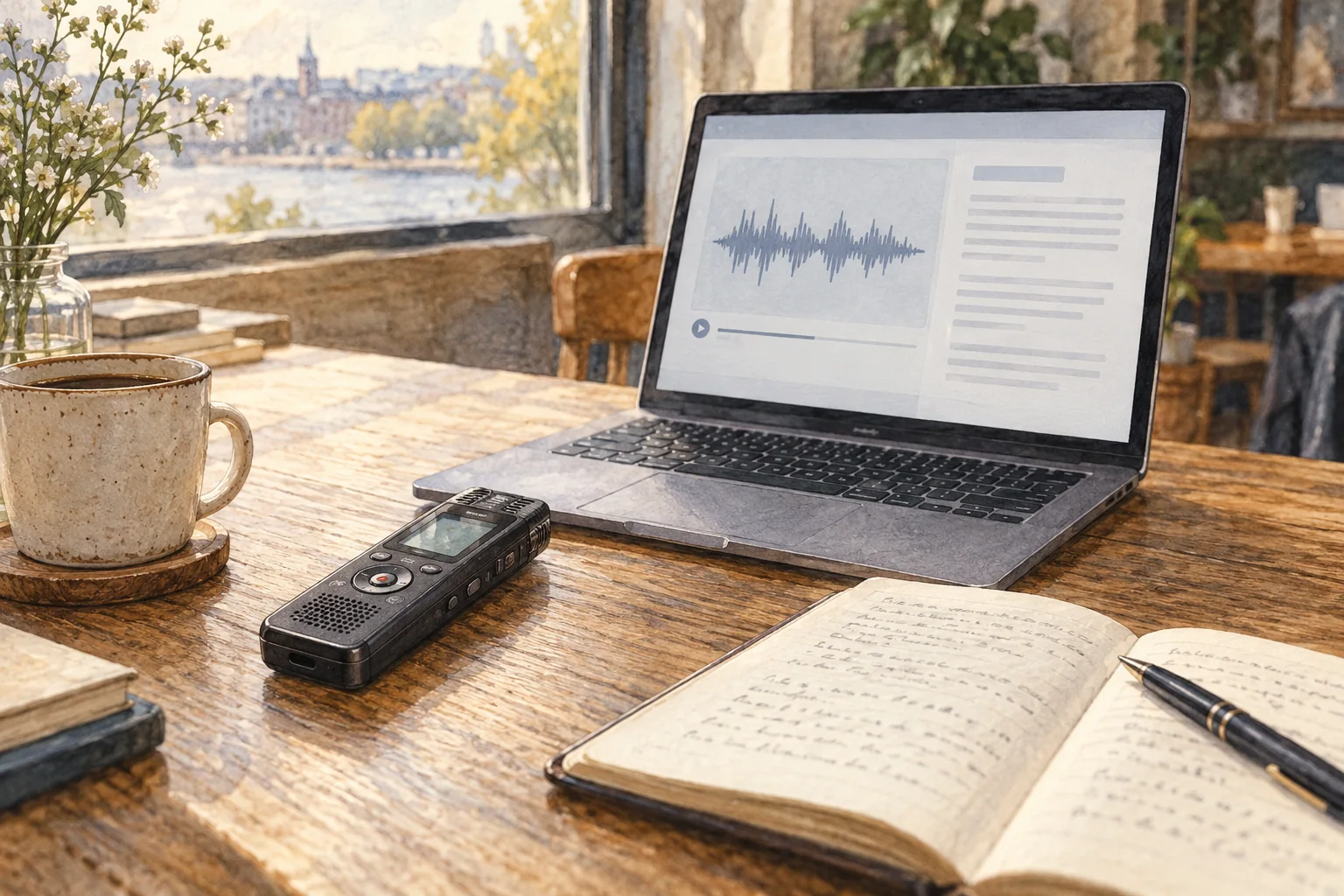 A portable voice recorder sits beside a laptop showing an audio waveform