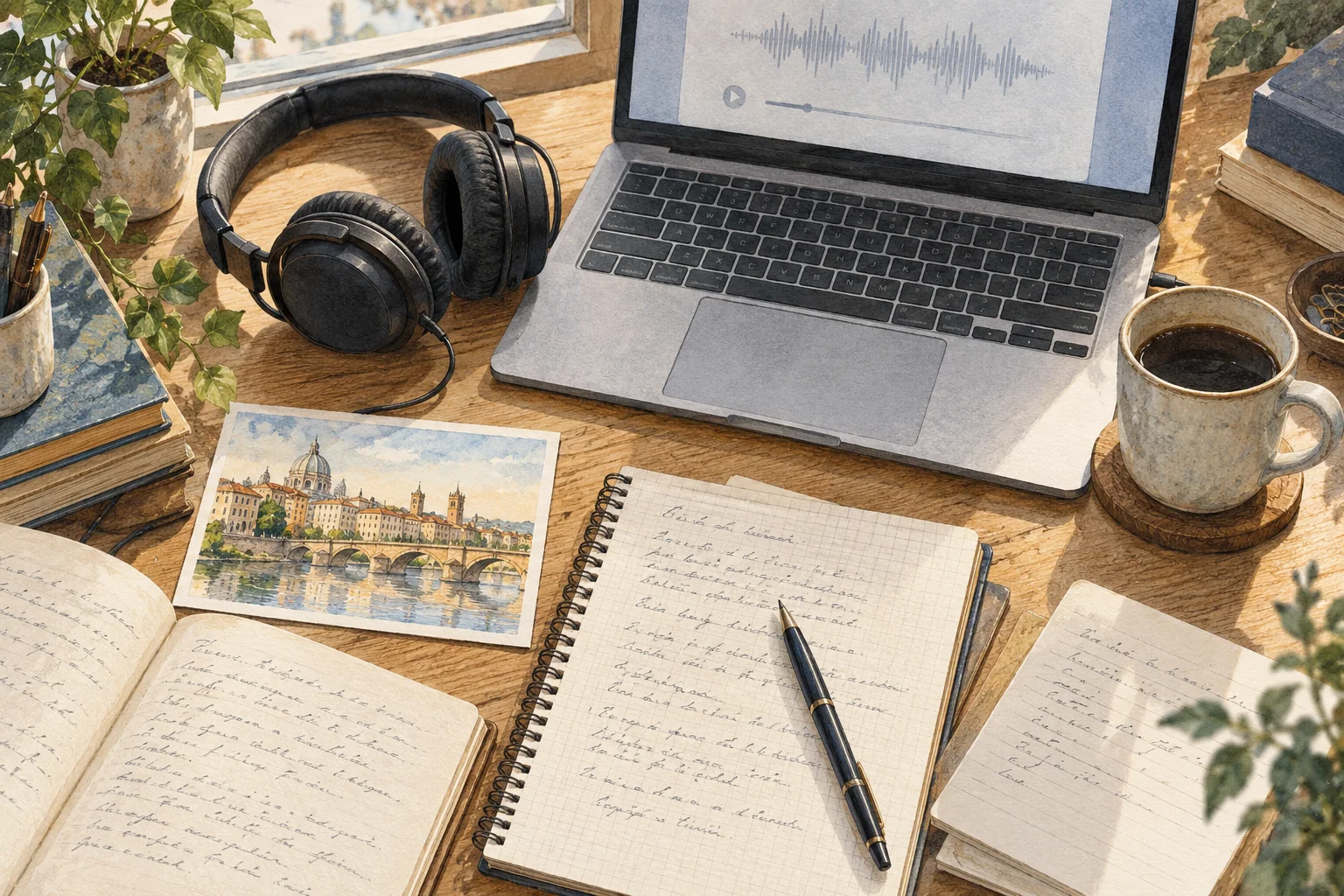 An open handwritten notebook sits beside a laptop displaying an audio waveform and transcript workspace