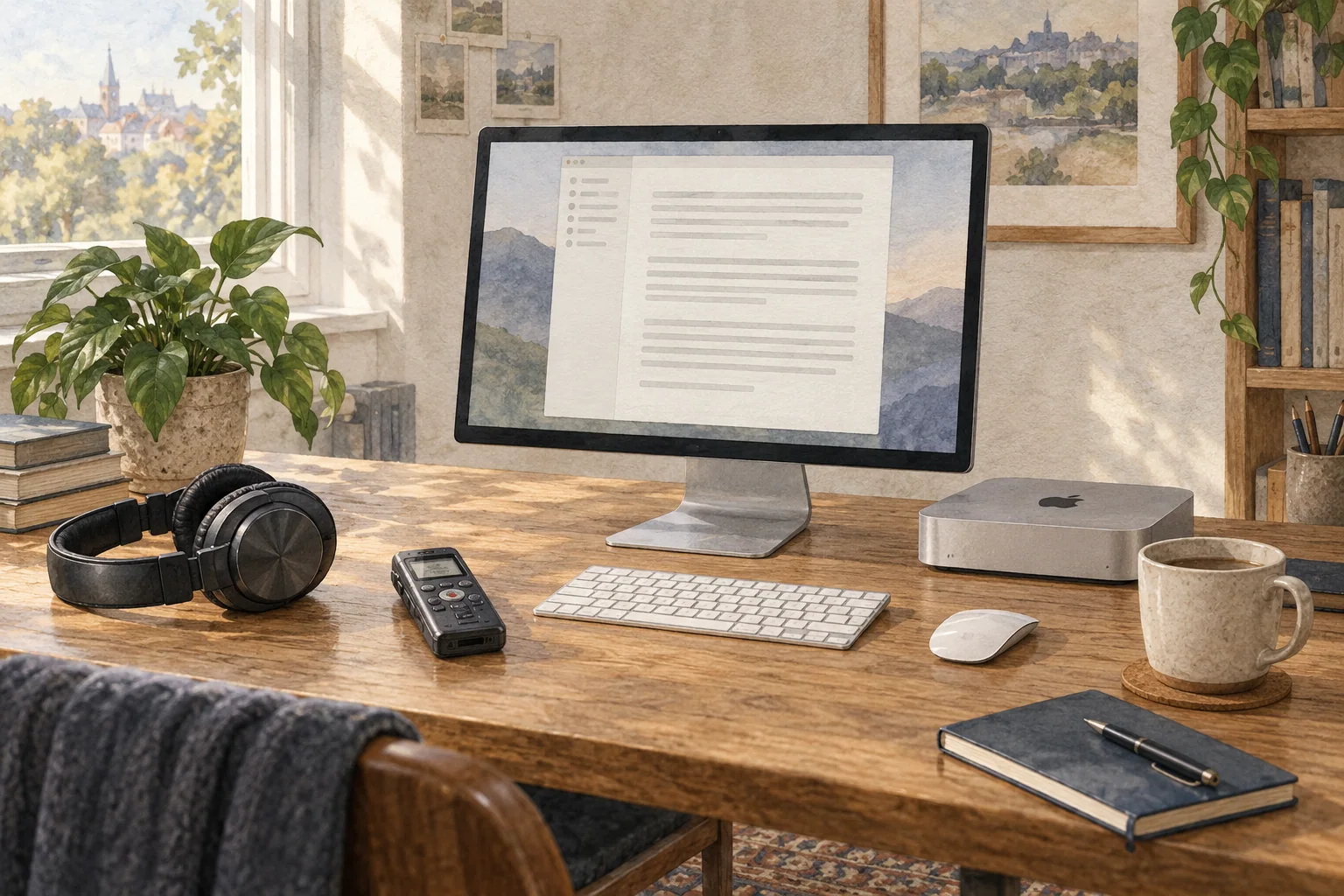 Transcription desk with a compact Mac and monitor