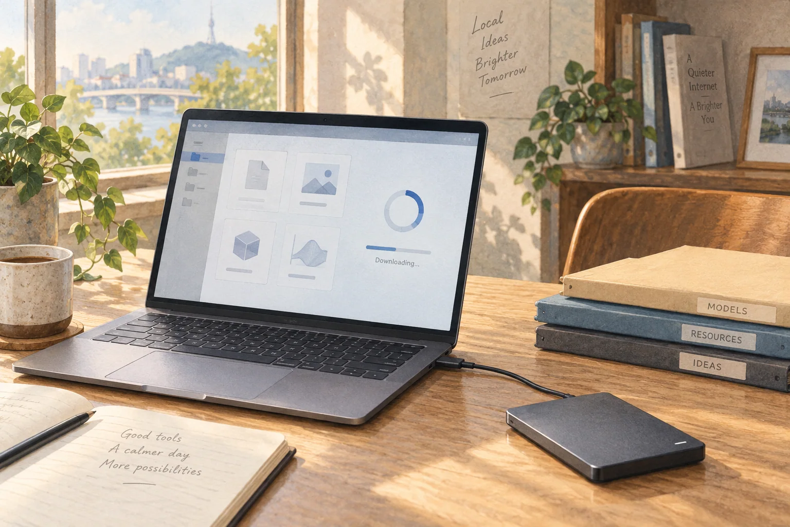 A laptop screen with the browser downloads list and a folder containing model files