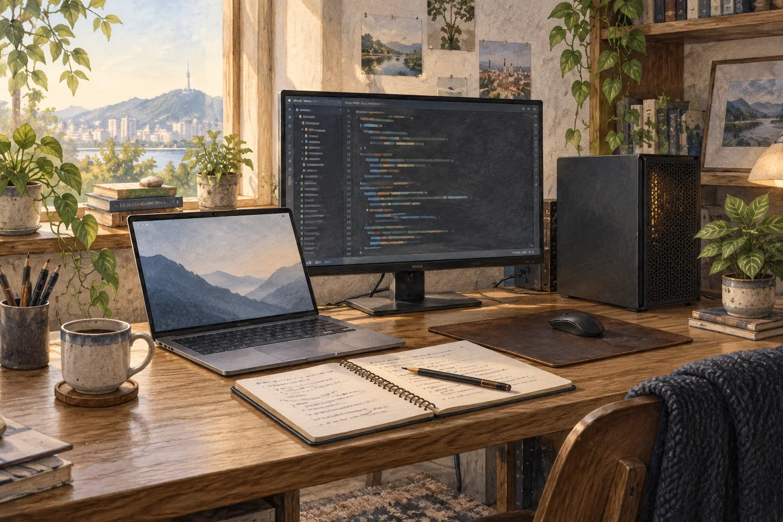 A code editor, terminal window, and notepad sit open on a watercolor-painted coding desk.