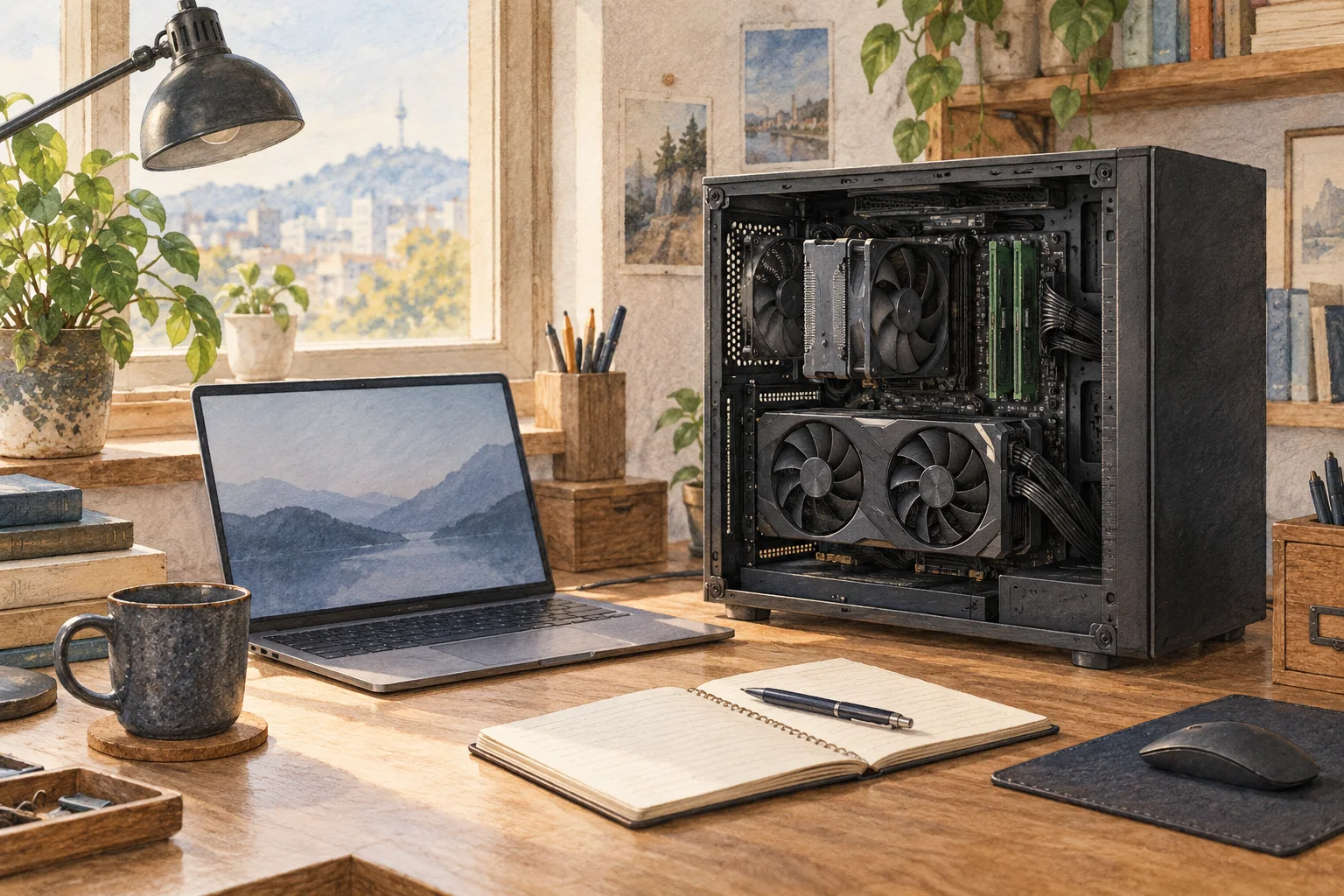 An open desktop case reveals a large GPU beside a laptop showing model settings, in a watercolor scene.