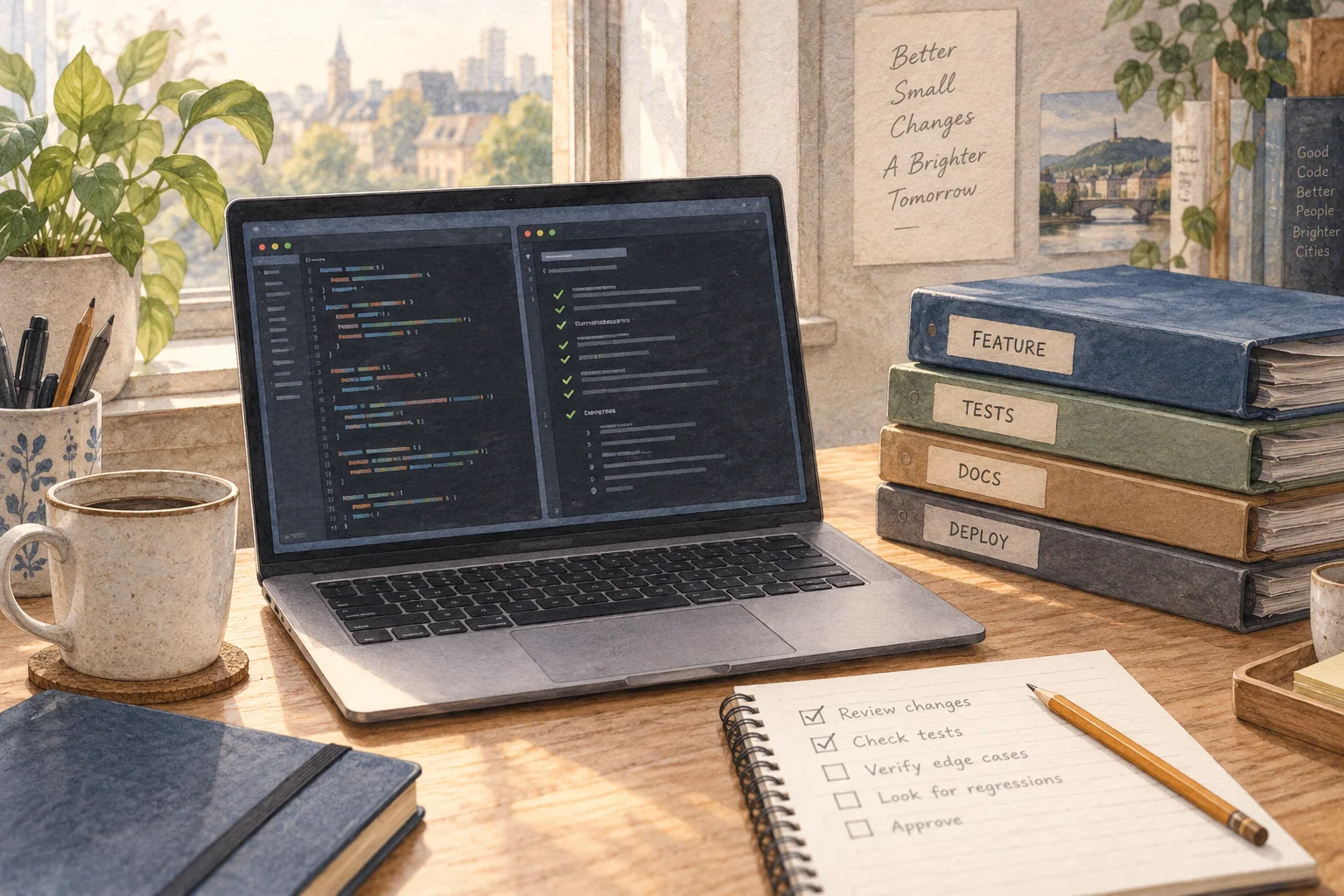 Code-review desk with a laptop and checking notes